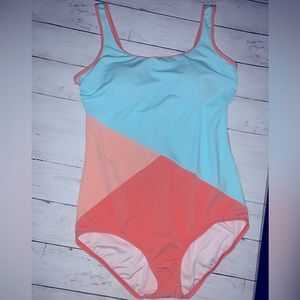 LAND’S END One Piece Swimsuit Orange/Coral, Light Pink & Blue Color-block!! NWT!